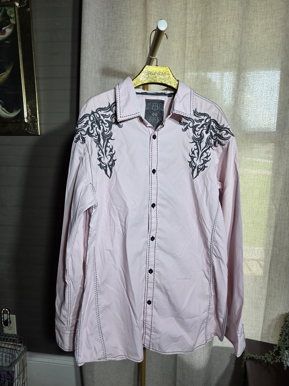 Roar Men's Light Pink Button-Down Shirt with Black Shoulder Embroidery